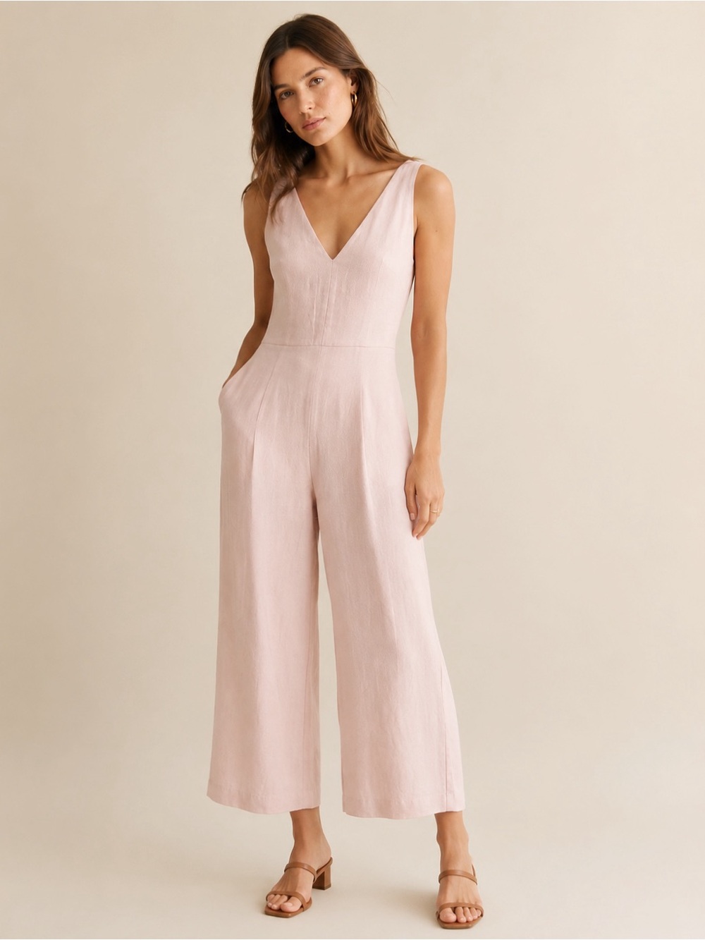 Massimo Dutti Blush Pink V-Neck Wide-Leg Jumpsuit